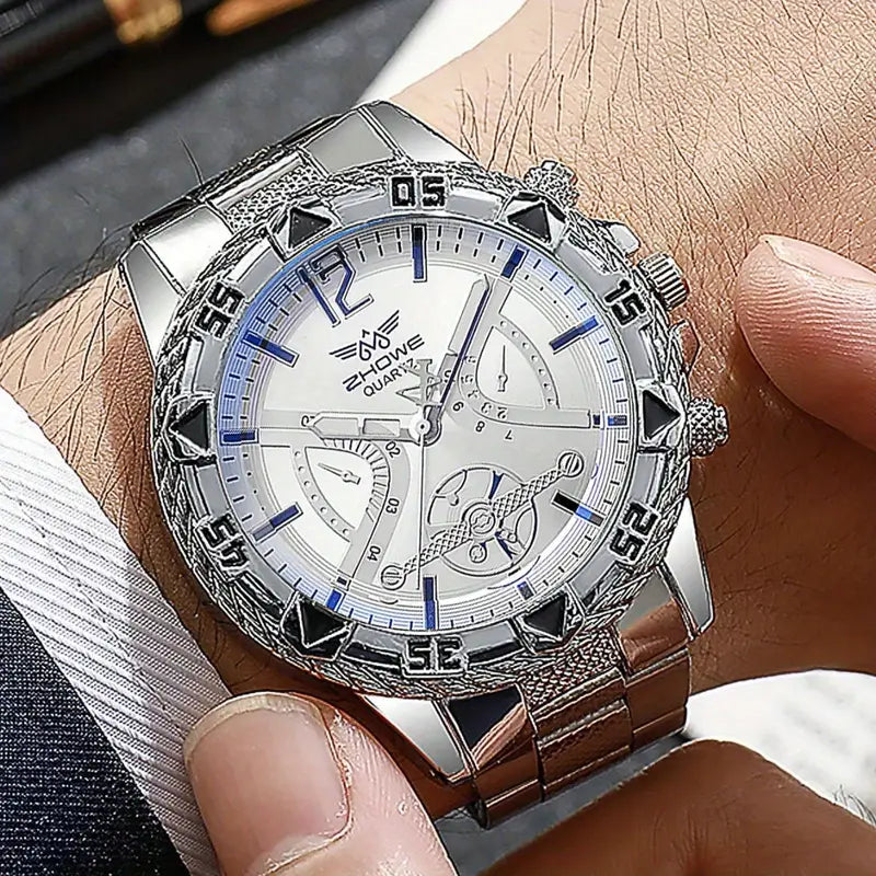 5er Männer-Stainless-Steel-Strap-Fashion-Business-Style-Quartz-Uhr,